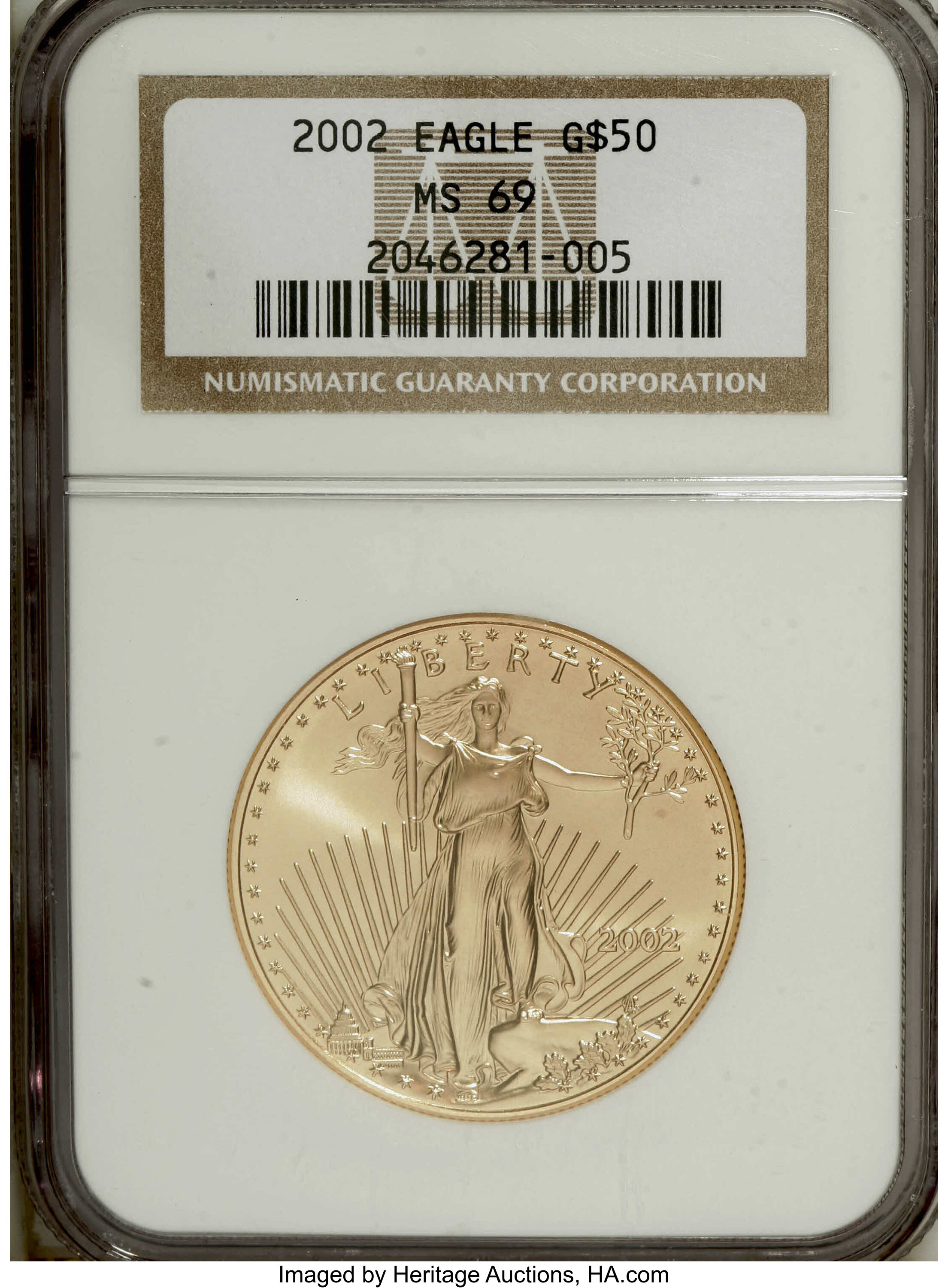 image for: 2002 G$50 One-Ounce Gold Eagle MS69 NGC. NGC Census: (0/0). PCGS Population (1710/16).  Numismedia Wsl. Price for NGC/PCGS ...