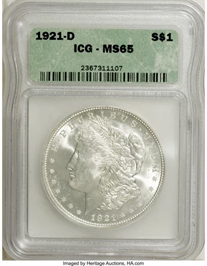 image for: 1921-D $1 MS65 ICG. NGC Census:. PCGS Population. (#7299)...
