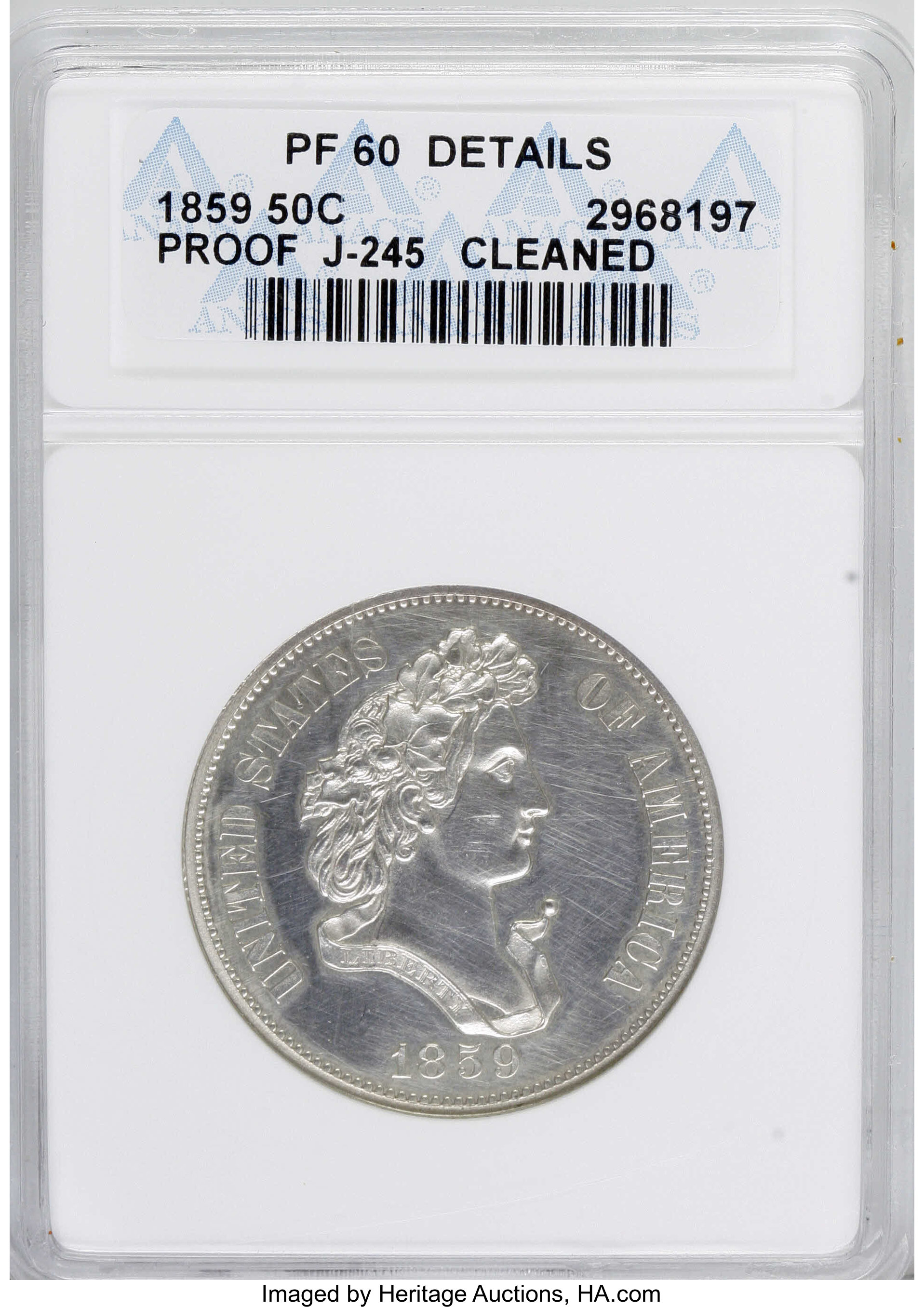 image for: 1859 P50C Half Dollar, Judd-245, Pollock-301, Low R.6--Cleaned--ANACS. PR60 Details....