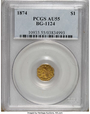 image for: 1874 $1 Indian Octagonal 1 Dollar, BG-1124, High R.4, AU55 PCGS....
