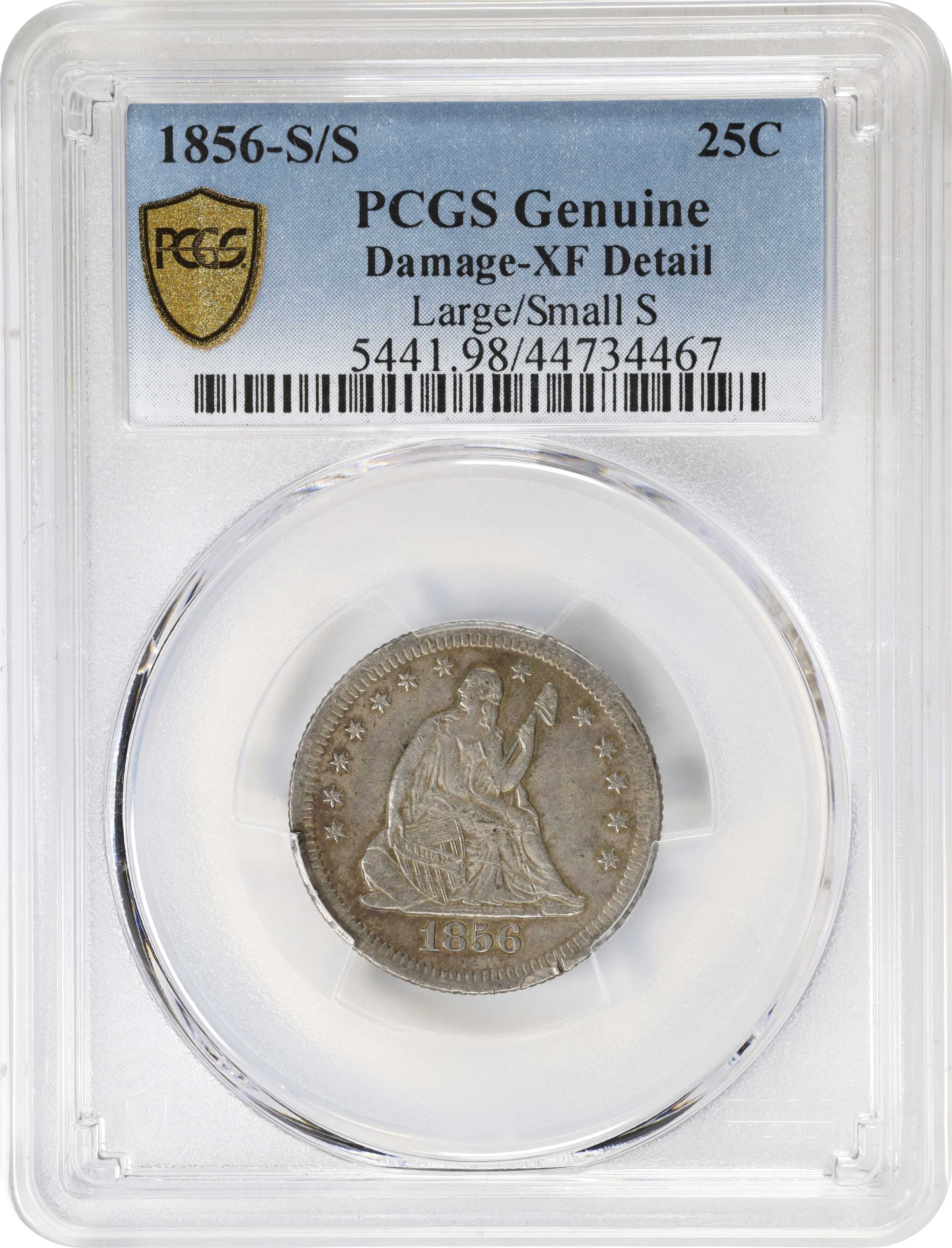 image for: 1856-S/S Liberty Seated Quarter. Large/Small S. EF Details--Damage (PCGS).