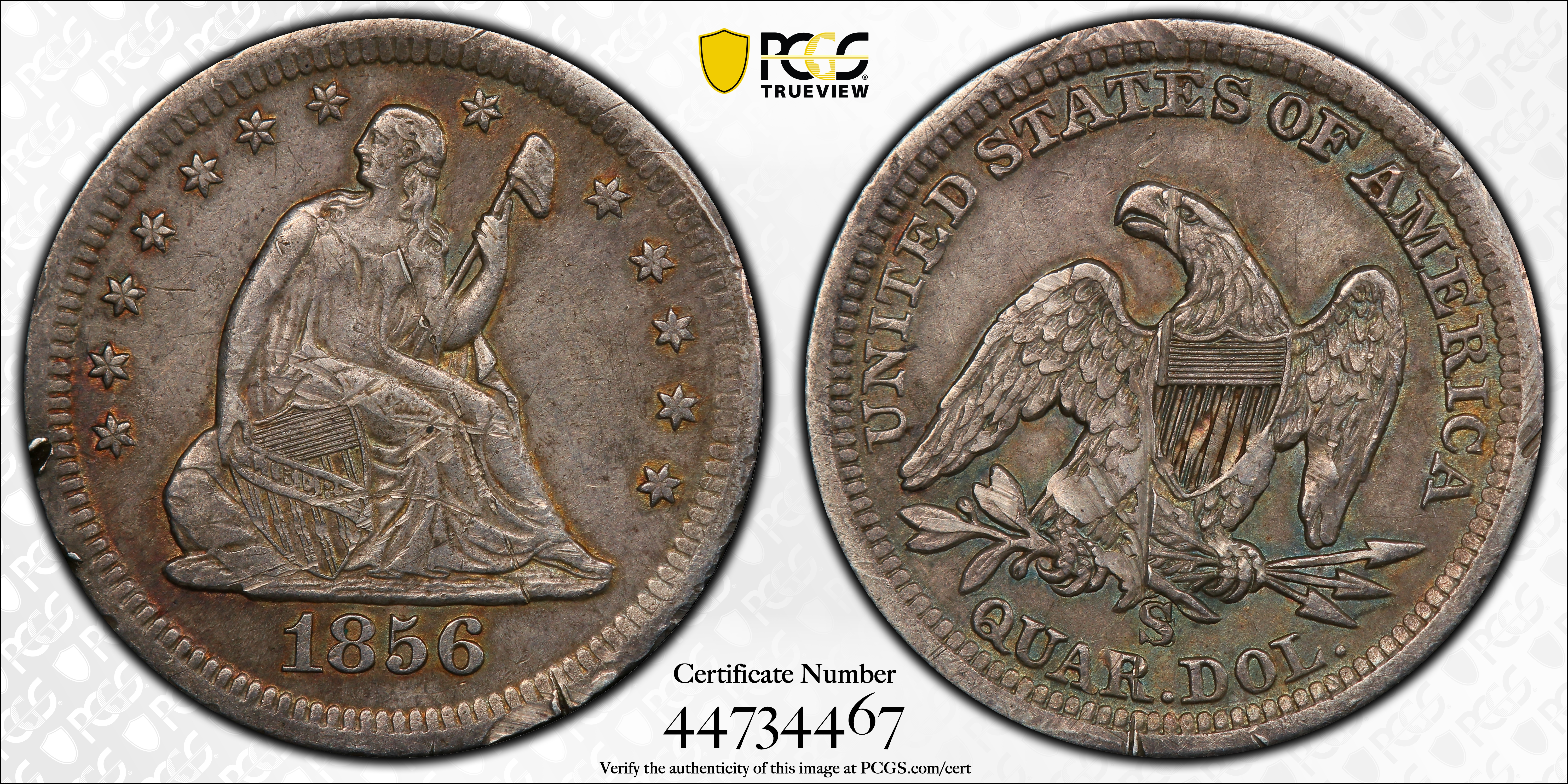 image for: 1856-S/S Liberty Seated Quarter. Large/Small S. EF Details--Damage (PCGS).
