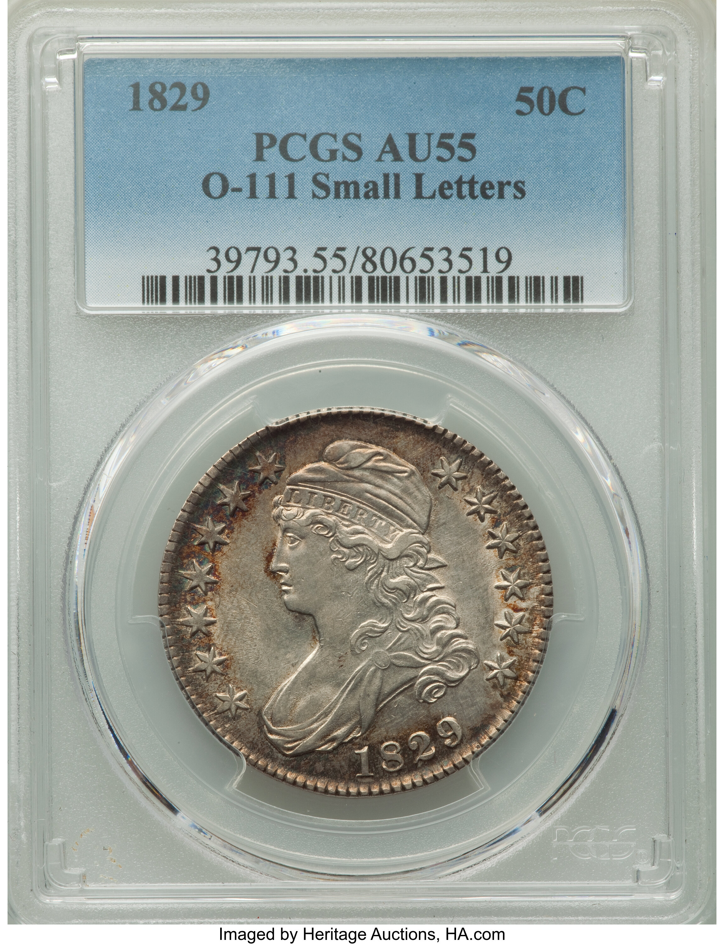 image for: 1829 50C Small Letters, O-111, R.3, AU55 PCGS. PCGS Population: (3/4). NGC Census: (2/3). AU55. Mintage 3,712,156. ...