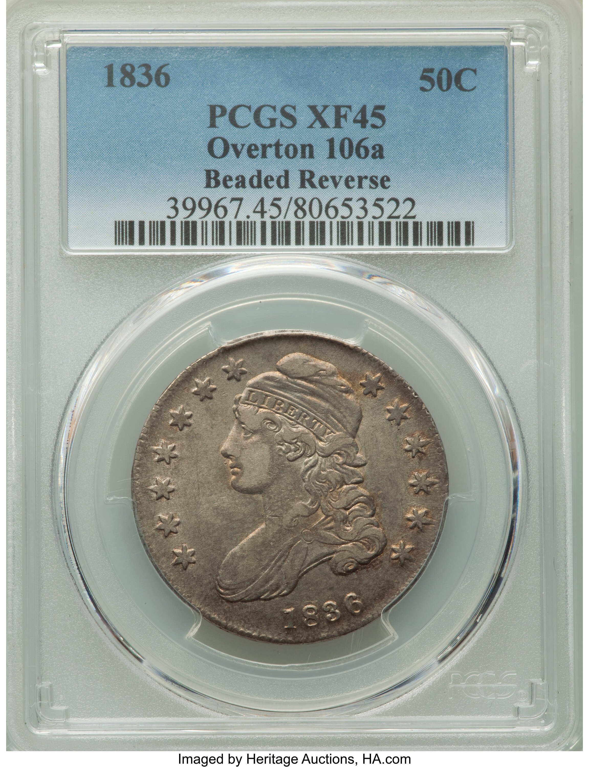 image for: 1836 50C Beaded Reverse, O-106a, R.2, XF45 PCGS. PCGS Population: (4/18). NGC Census: (5/8). XF45. ...