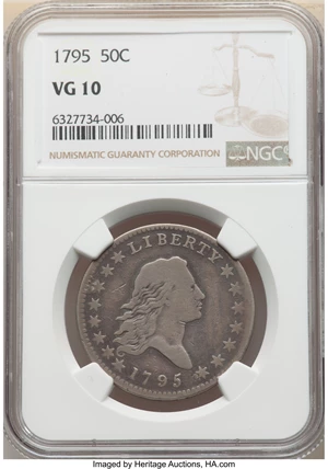 image for: 1795 50C 2 Leaves, O-102, T-26, R.3, VG10 NGC. NGC Census: (3/17). PCGS Population: (2/13). VG10. From The Allan H. G...