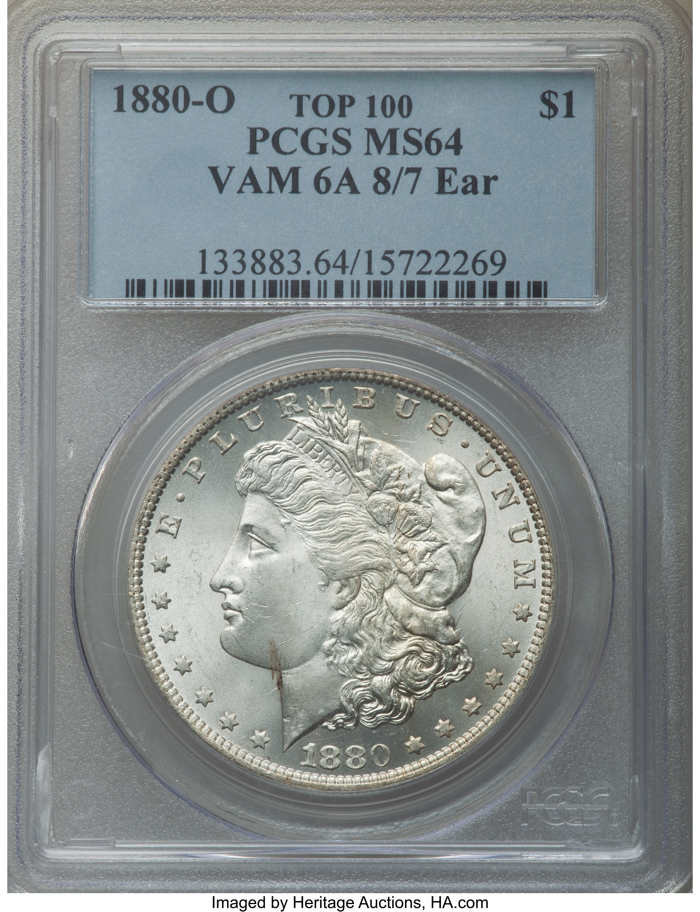 1880-O $1 8 Over 7 Ear, VAM-6A, MS64 PCGS. A Top 100 Variety. PCGS Population: (28/0). NGC Census: (13/1). CDN: $1,500 Whsl...