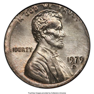 image for: 1979-D 1C Lincoln Cent -- Struck on a Clad Dime Blank -- MS64 PCGS. Ex: Fred Weinberg Collection.From The Fred Weinbe...