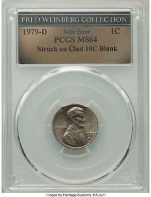 image for: 1979-D 1C Lincoln Cent -- Struck on a Clad Dime Blank -- MS64 PCGS. Ex: Fred Weinberg Collection.From The Fred Weinbe...