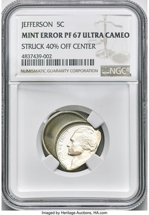 image for: Undated Jefferson Nickel -- Struck 40% Off Center -- PR67 Ultra Cameo NGC....