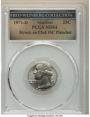 image for: 1971-D 25C Washington Quarter -- Struck on a Clad Dime Planchet -- MS64 PCGS. Ex: Fred Weinberg Collection.From The F...