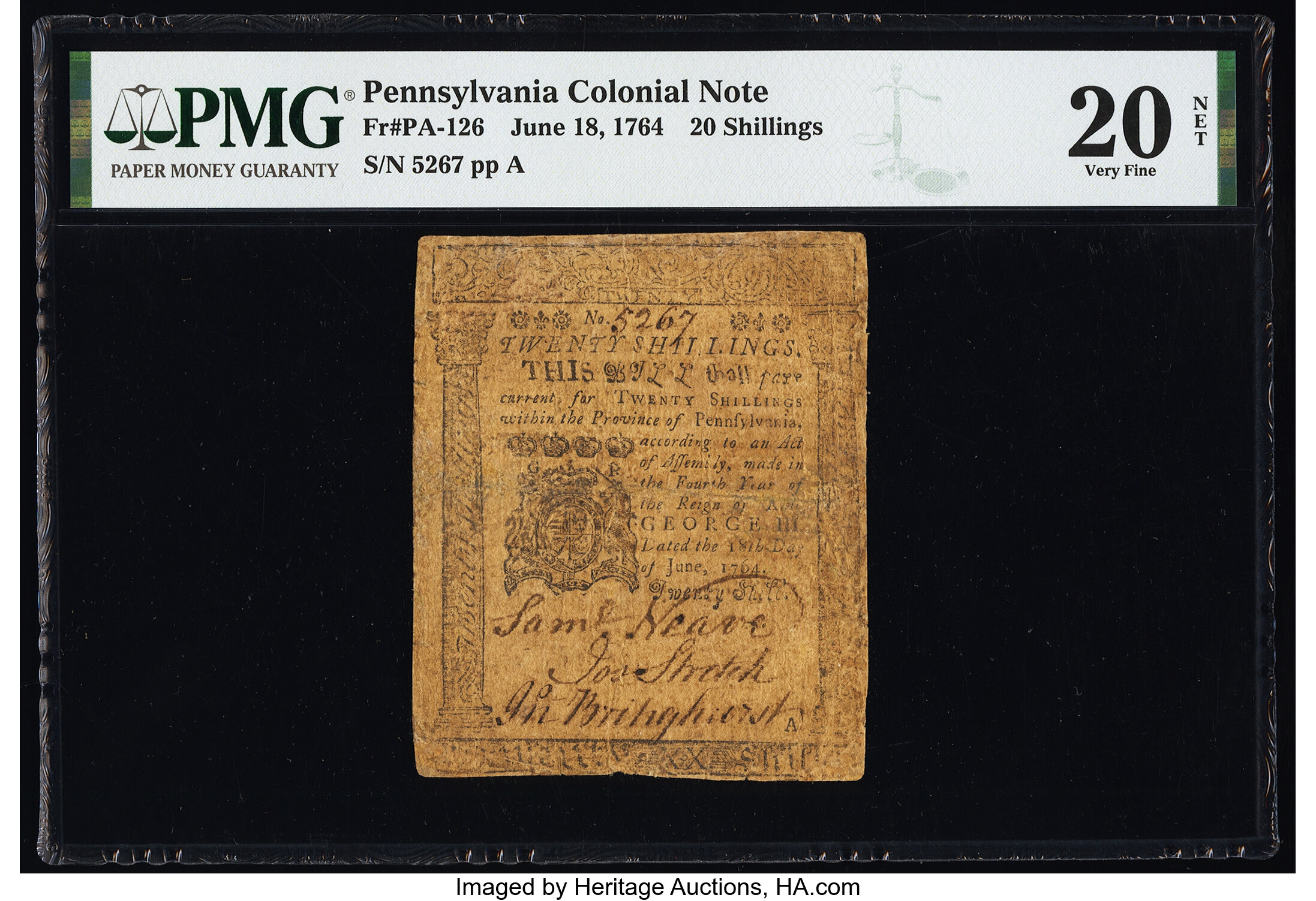 image for: Pennsylvania June 18, 1764 20s PMG Very Fine 20 Net....