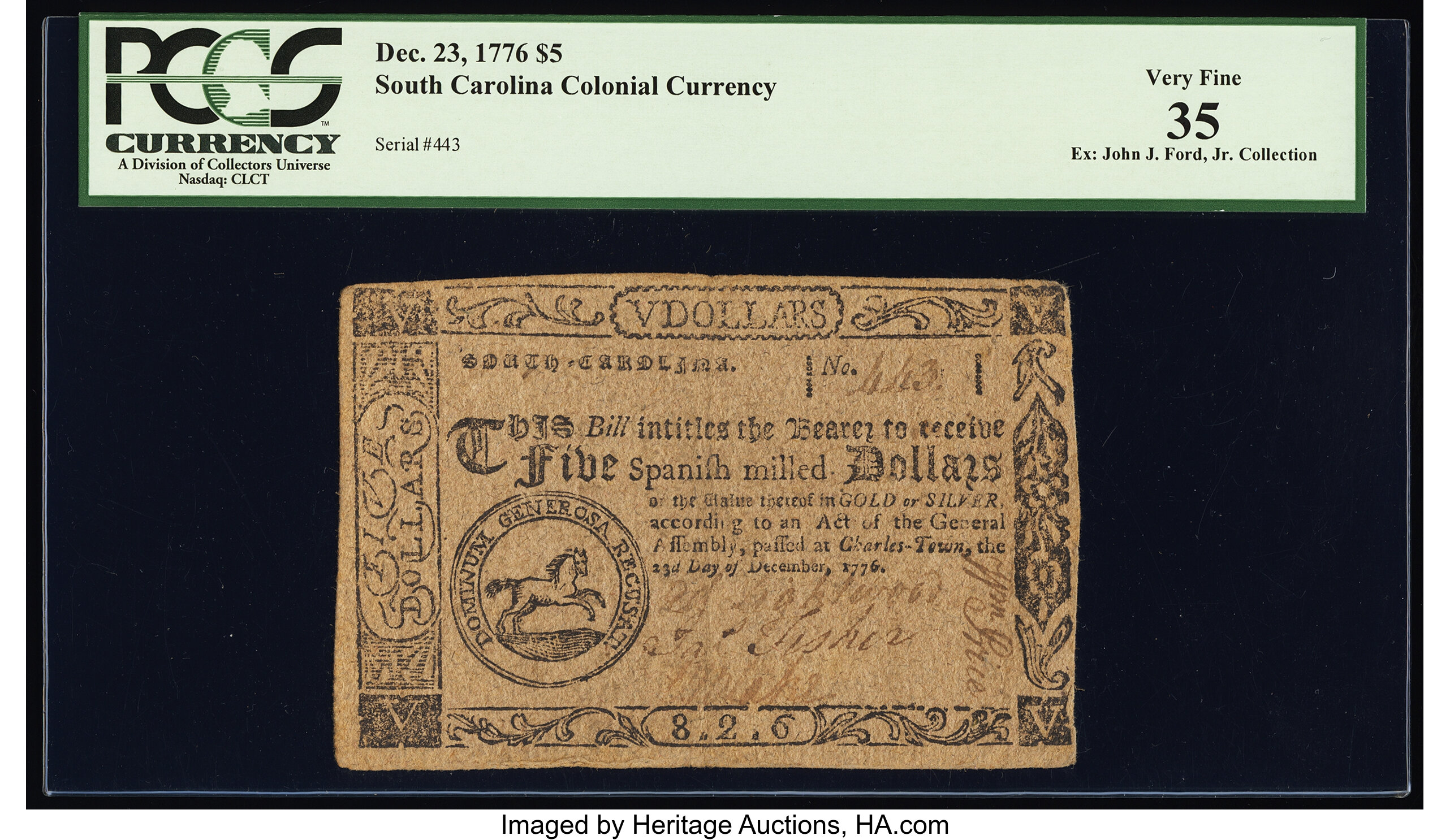 image for: South Carolina December 23, 1776 $5 PCGS Very Fine 35....
