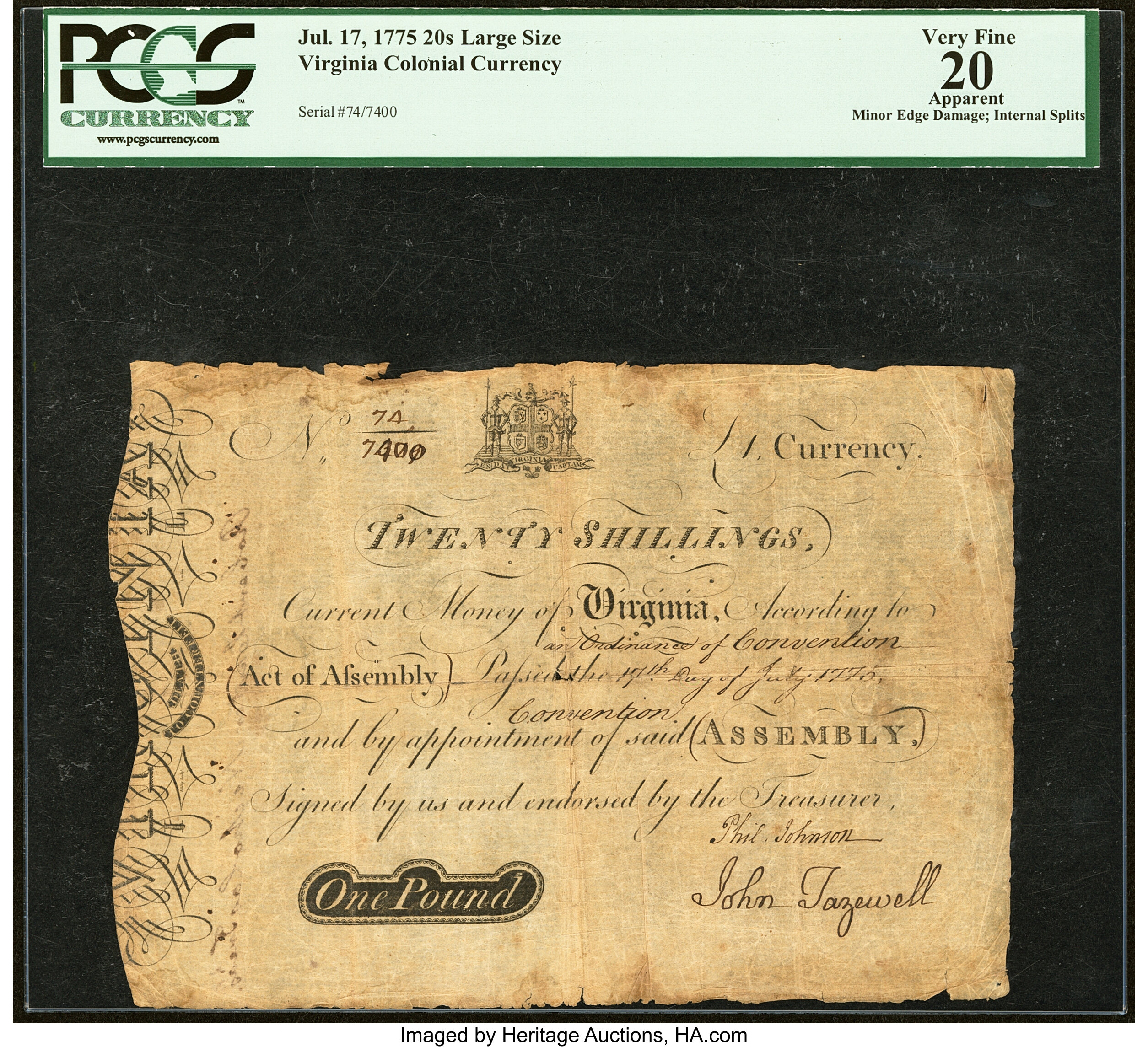 image for: Virginia July 17, 1775 20s PCGS Apparent Very Fine 20....