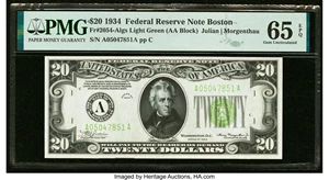 image for: Fr. 2054-A $20 1934 Light Green Seal Federal Reserve Note. PMG Gem Uncirculated 65 EPQ....
