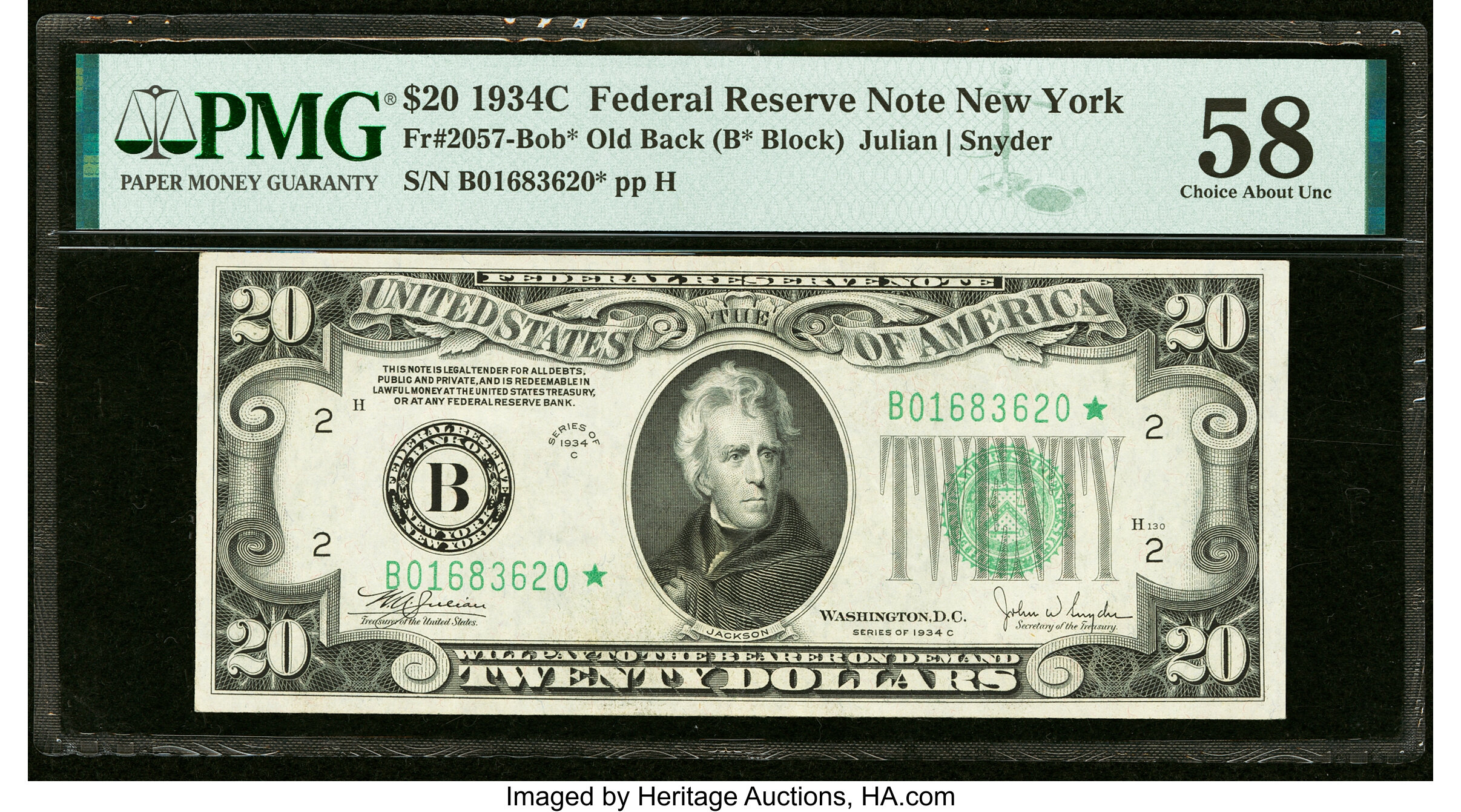 image for: Fr. 2057-B* $20 1934C Old Back Federal Reserve Star Note. PMG Choice About Unc 58....