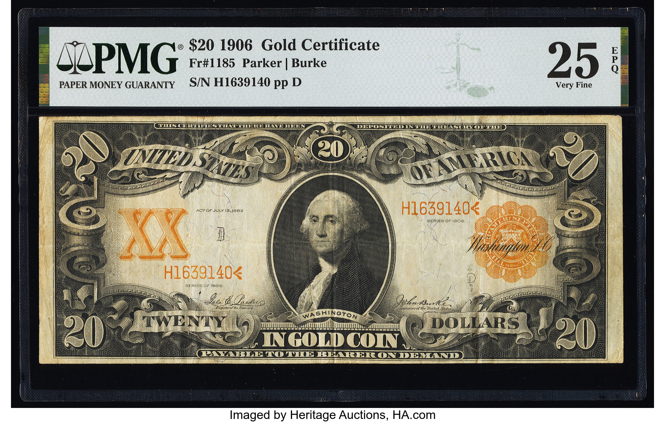 image for: Fr. 1185 $20 1906 Gold Certificate PMG Very Fine 25 EPQ....