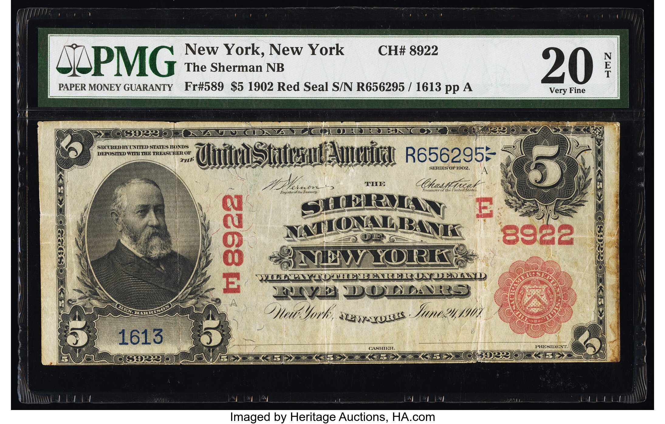 image for: New York, NY - $5 1902 Red Seal Fr. 589 The Sherman National Bank Ch. # (E)8922 PMG Very Fine 20 Net....
