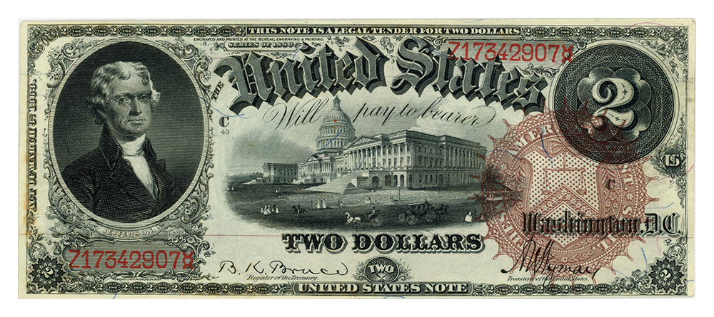 image for: FR. 52 1880 $2 Legal Tender PMG Choice UNC 63 (Minor Stains)