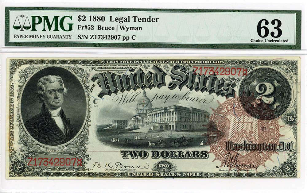 image for: FR. 52 1880 $2 Legal Tender PMG Choice UNC 63 (Minor Stains)
