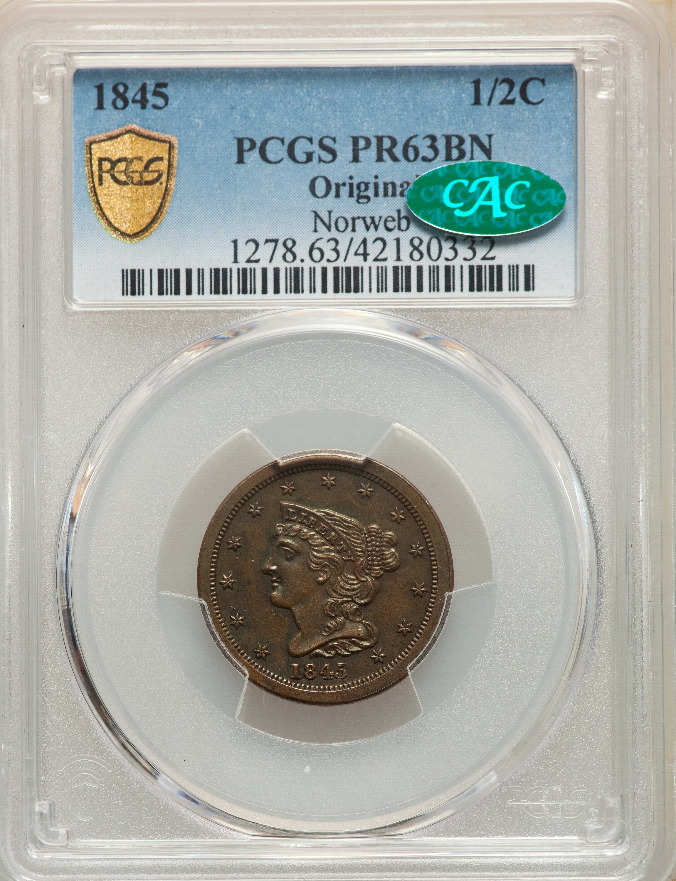 image for: 1845 1/2 C Original PR63 Brown PCGS. CAC. B-1, R.6....