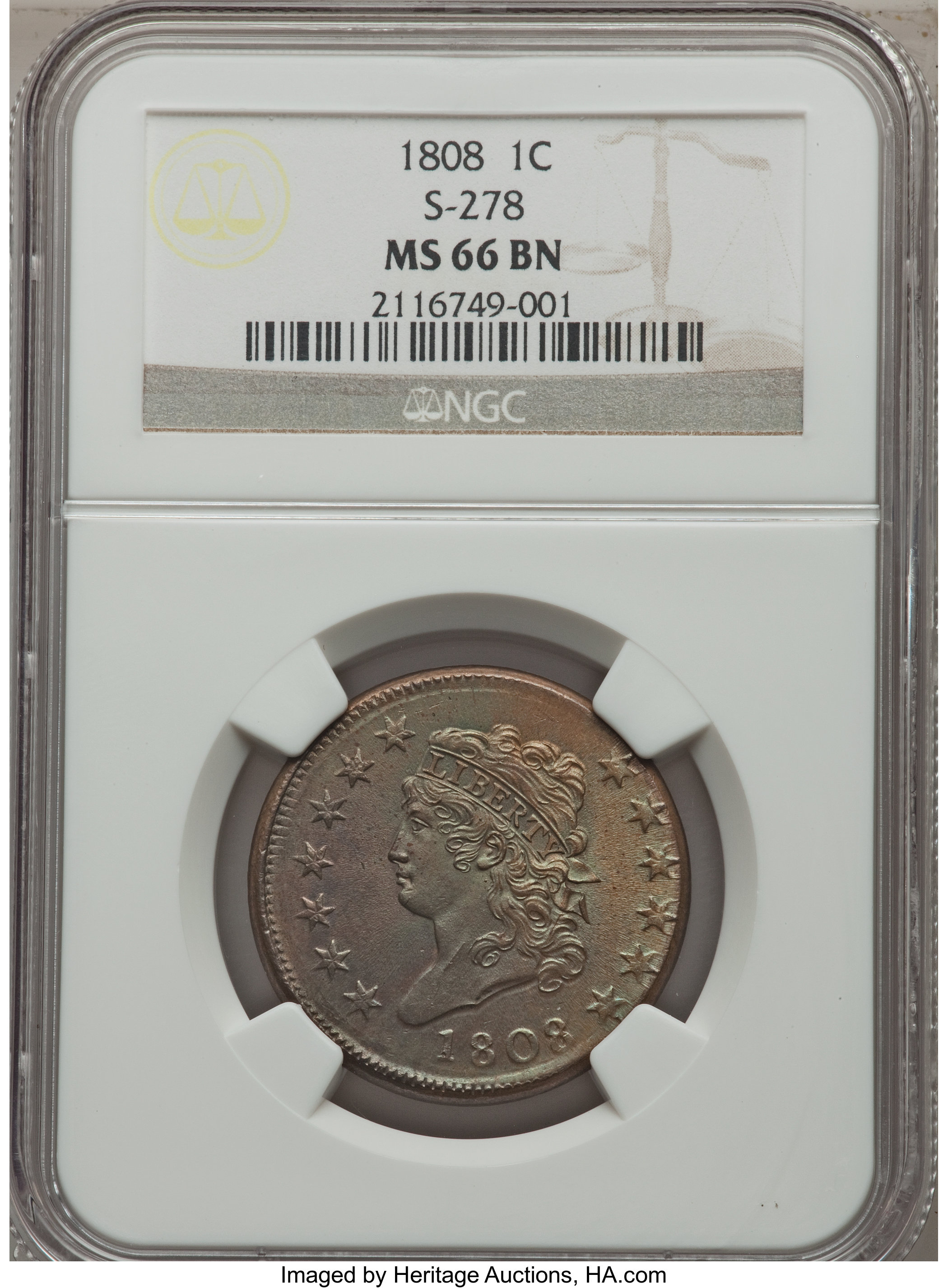 image for: 1808 1C S-278, B-2, R.3, MS66 Brown NGC....