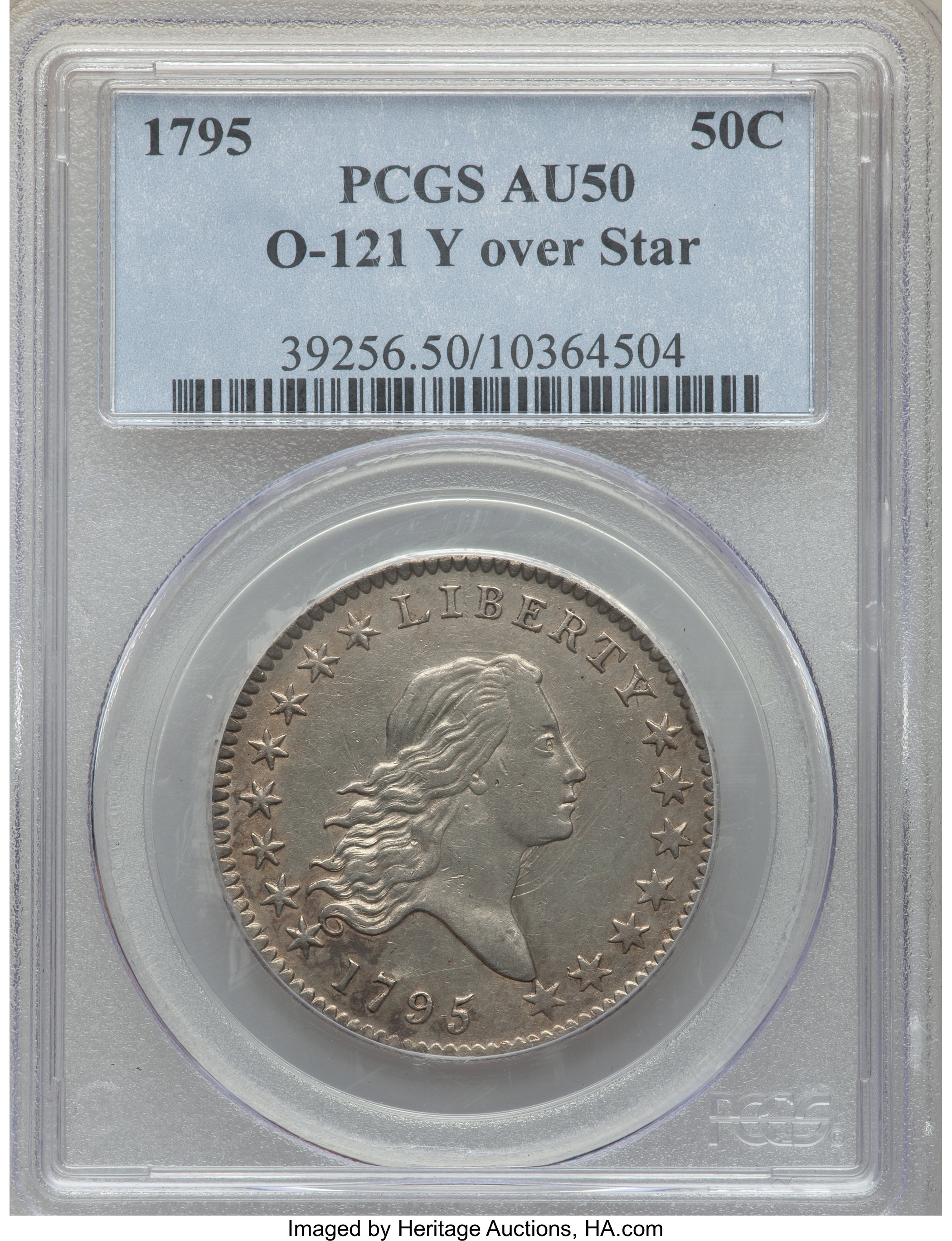 image for: 1795 50C 2 Leaves, Y Over Star, O-121, T-2, High R.4, AU50 PCGS....