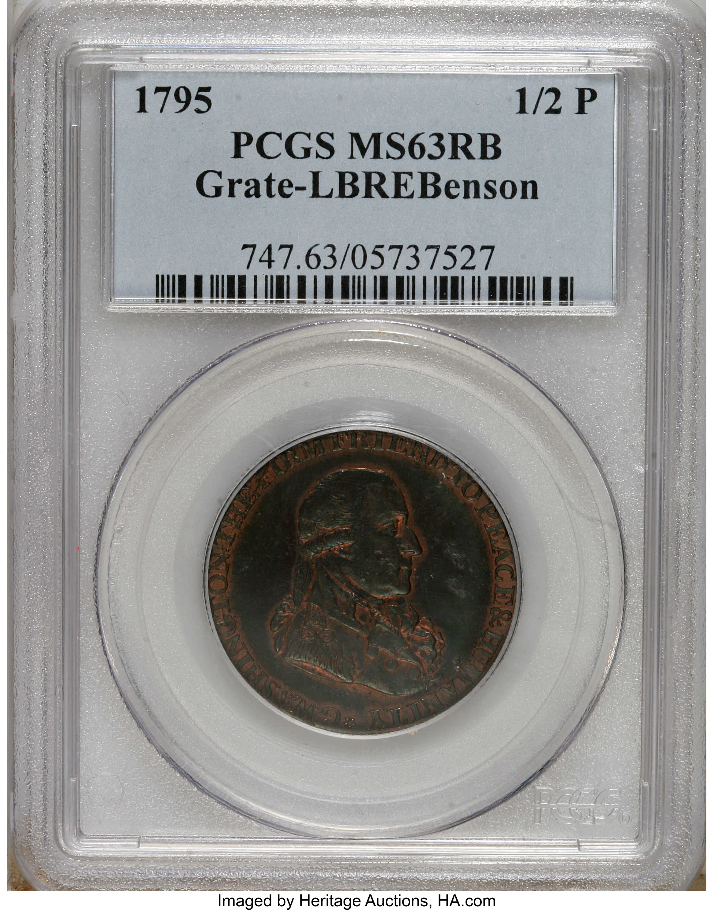 image for: 1795 1/2P Washington Grate Halfpenny, Large Buttons, Reeded Edge MS63 Red and Brown PCGS....