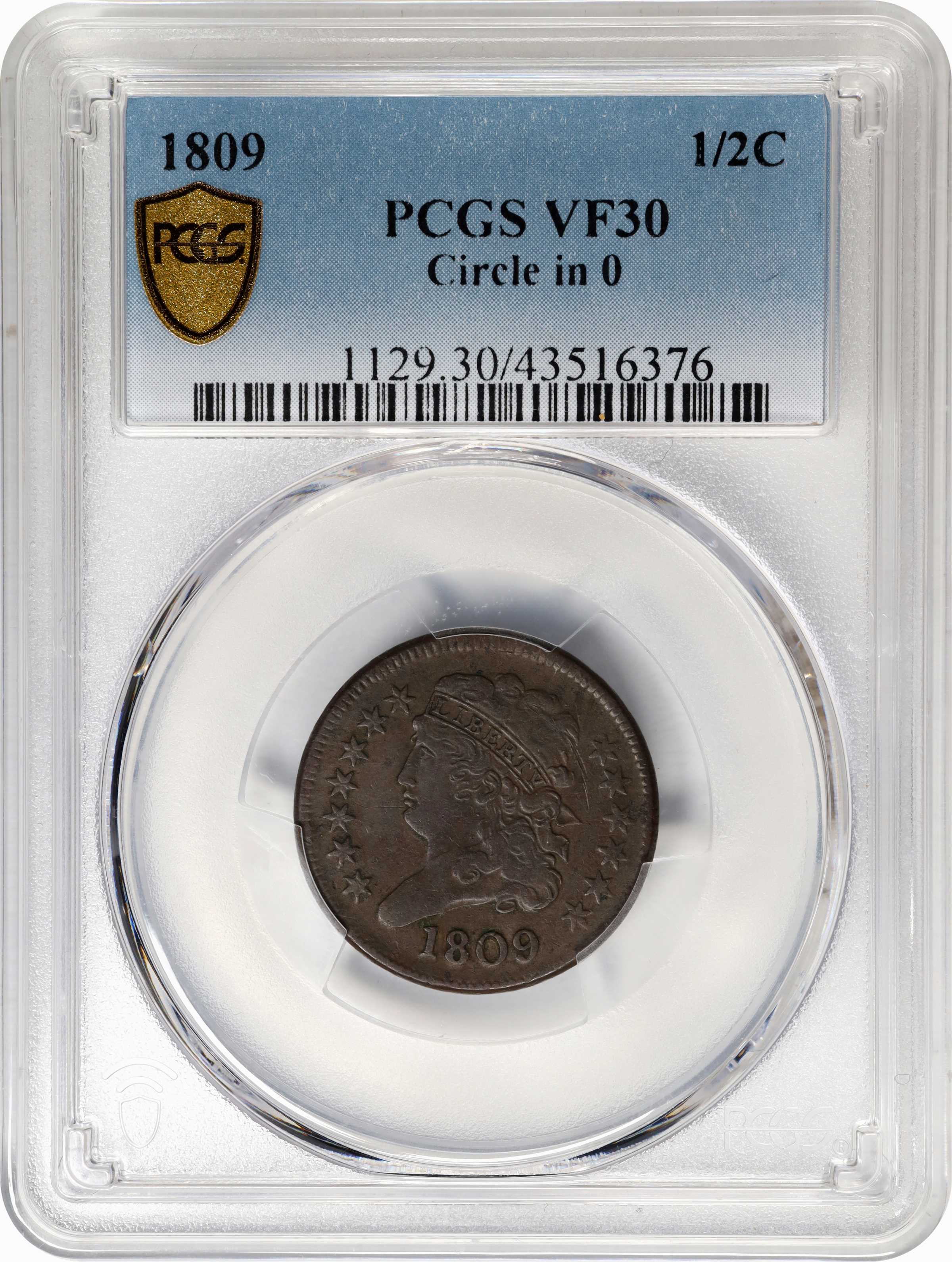 image for: 1809 Classic Head Half Cent. Small o Inside 0. VF-30 (PCGS).