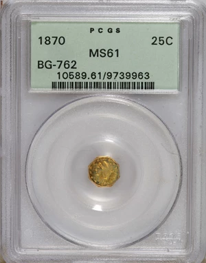 image for: 1870 25C Liberty Octagonal 25 Cents, BG-762, Low R.4, MS61 PCGS. PCGS Population (13/49). NGC Census: (2/1). (#10589)...