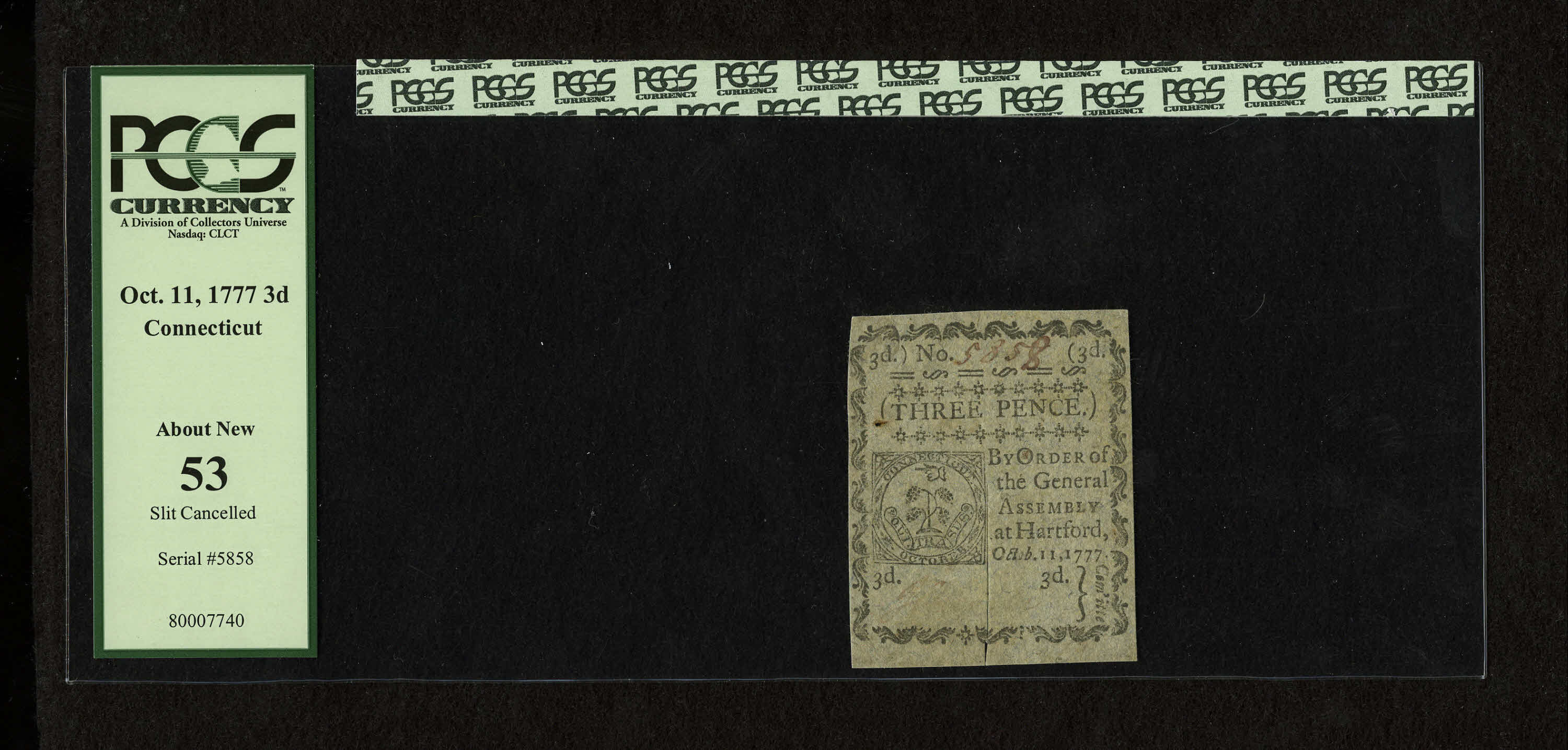 image for: Connecticut October 11, 1777 3d PCGS About New 53.