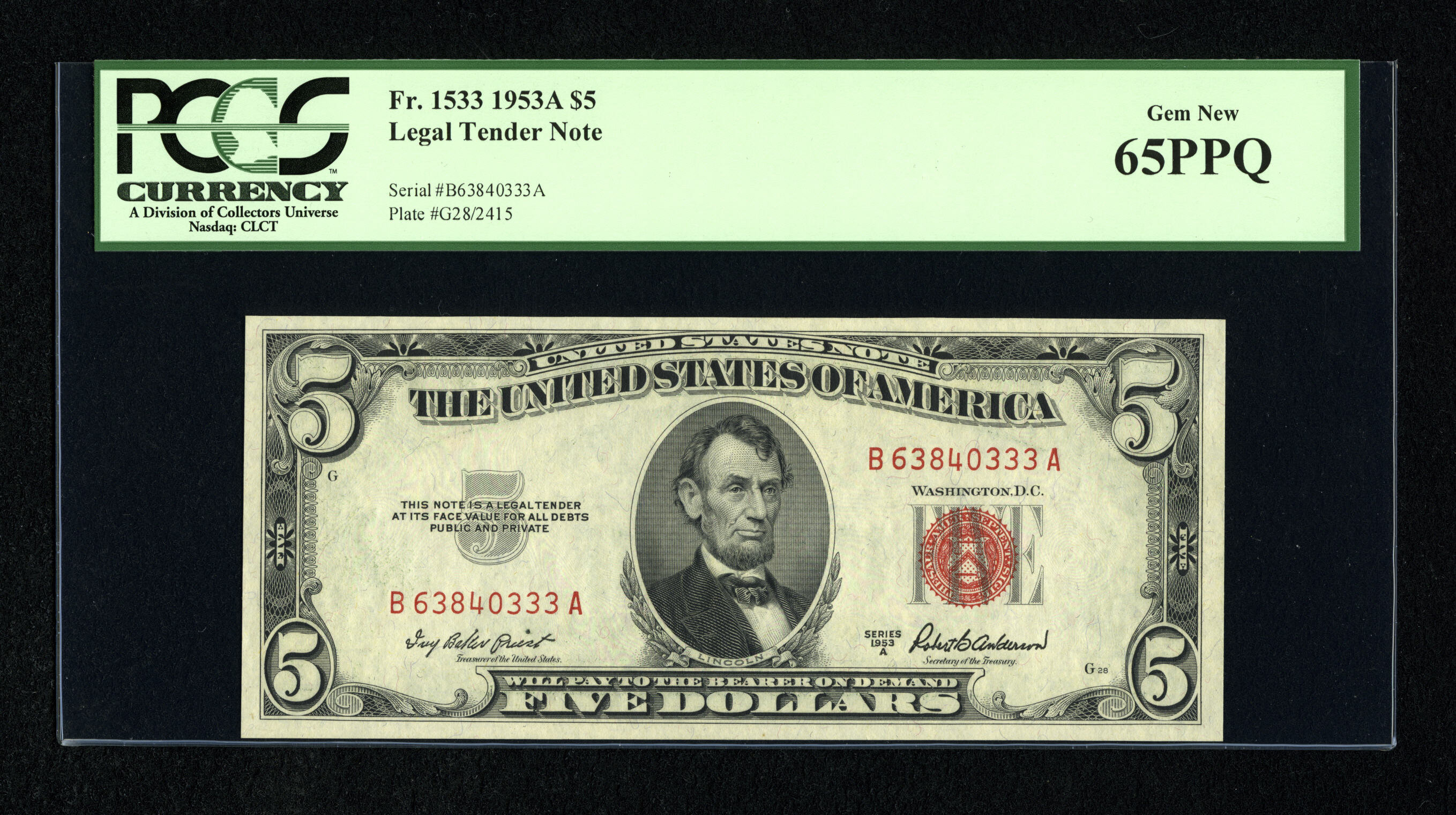 image for: Fr. 1533 $5 1953A Legal Tender Note. PCGS Gem New 65PPQ....