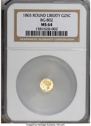 image for: 1865 25C Liberty Round 25 Cents, BG-802, Low R.5, MS64 NGC....