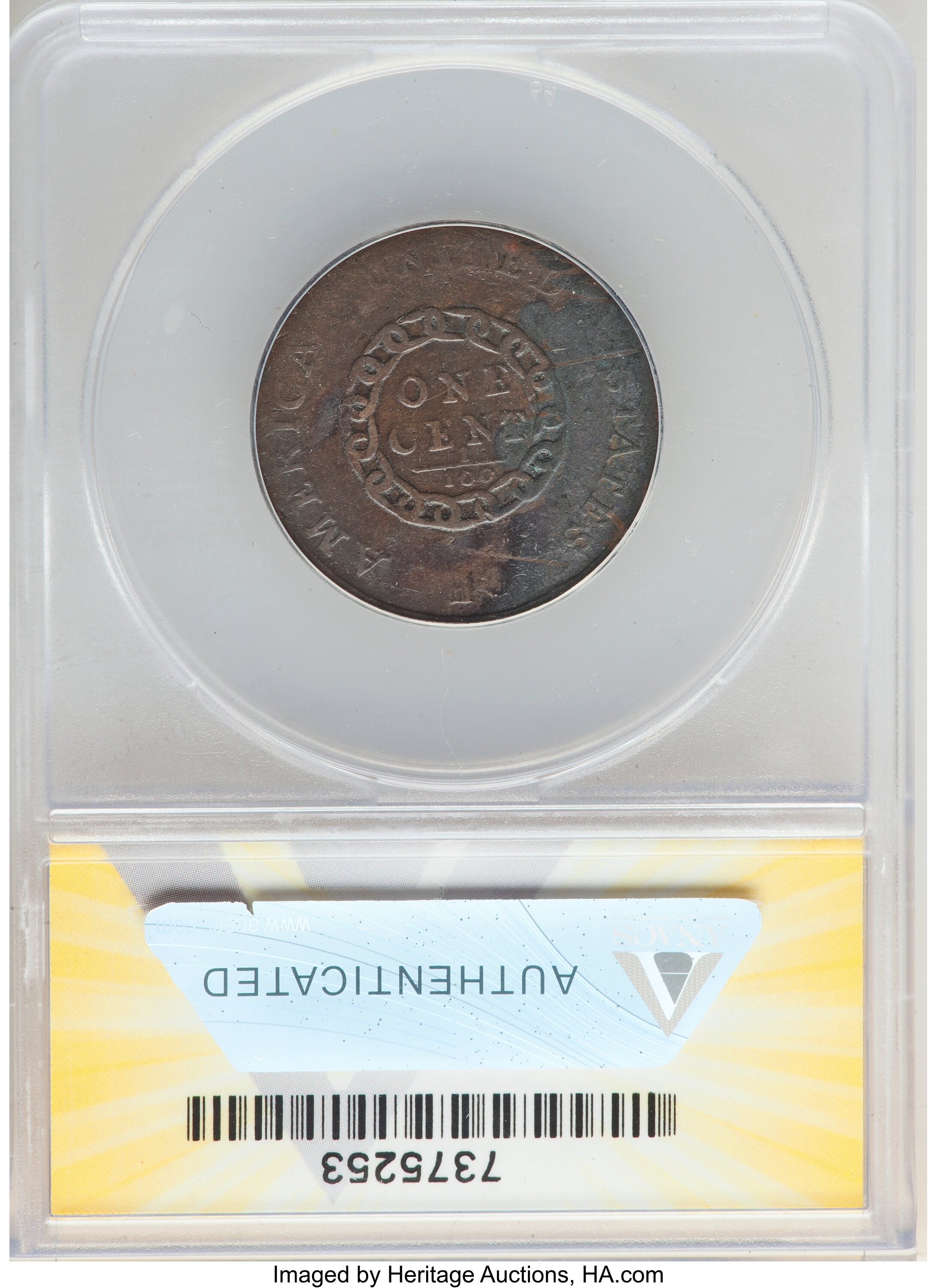 image for: 1793 1C Chain, AMERICA, S-3, B-4, Low R.3 -- Corroded, Damaged -- ANACS. VG8 Details....