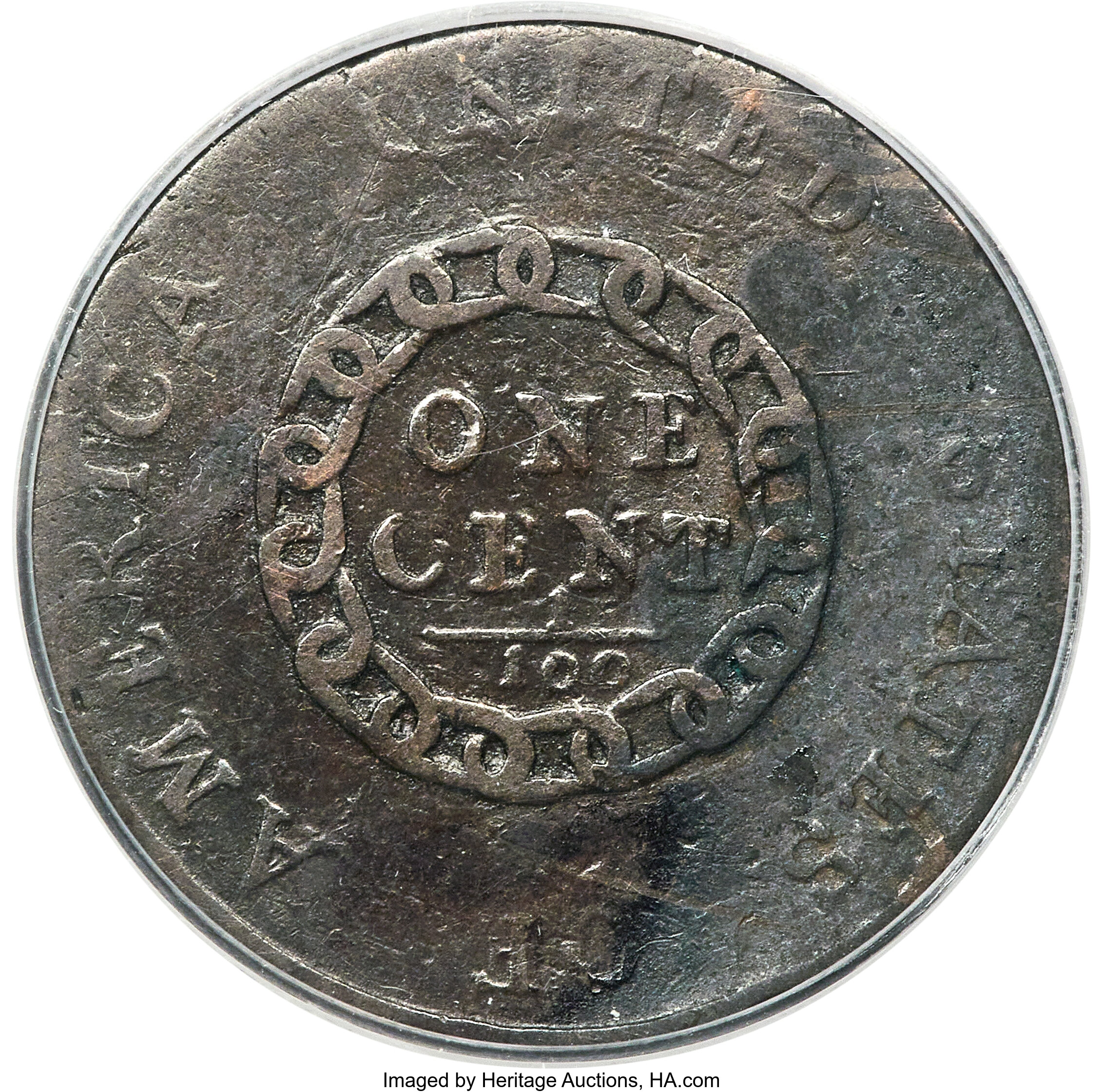 image for: 1793 1C Chain, AMERICA, S-3, B-4, Low R.3 -- Corroded, Damaged -- ANACS. VG8 Details....