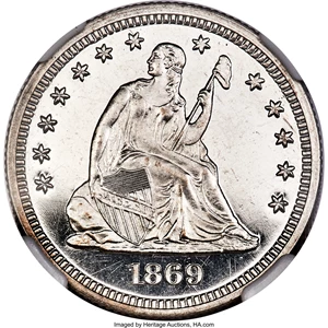 image for: 1869 25C PR65 Cameo NGC. Briggs 2-B....