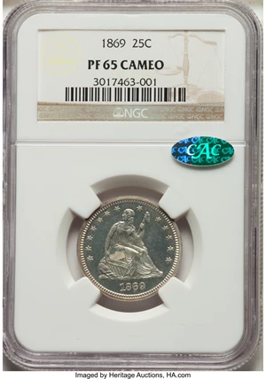 image for: 1869 25C PR65 Cameo NGC. Briggs 2-B....