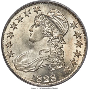 image for: 1828 50C Square Base 2, Small 8s, Large Letters, O-116, R.2, MS63 PCGS....