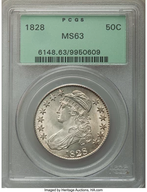 image for: 1828 50C Square Base 2, Small 8s, Large Letters, O-116, R.2, MS63 PCGS....