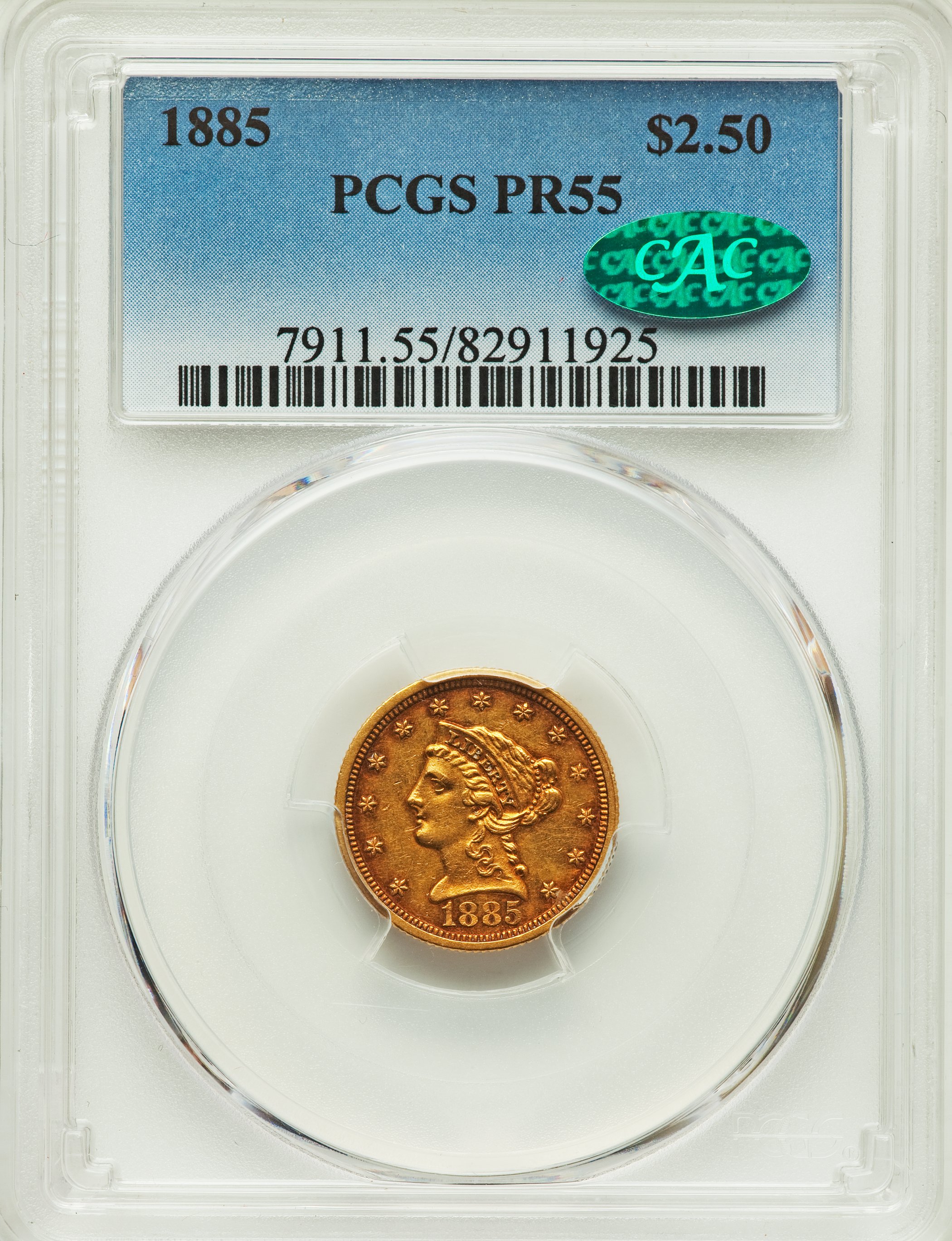 image for: 1885 $2 1/2 PR55 PCGS. CAC....