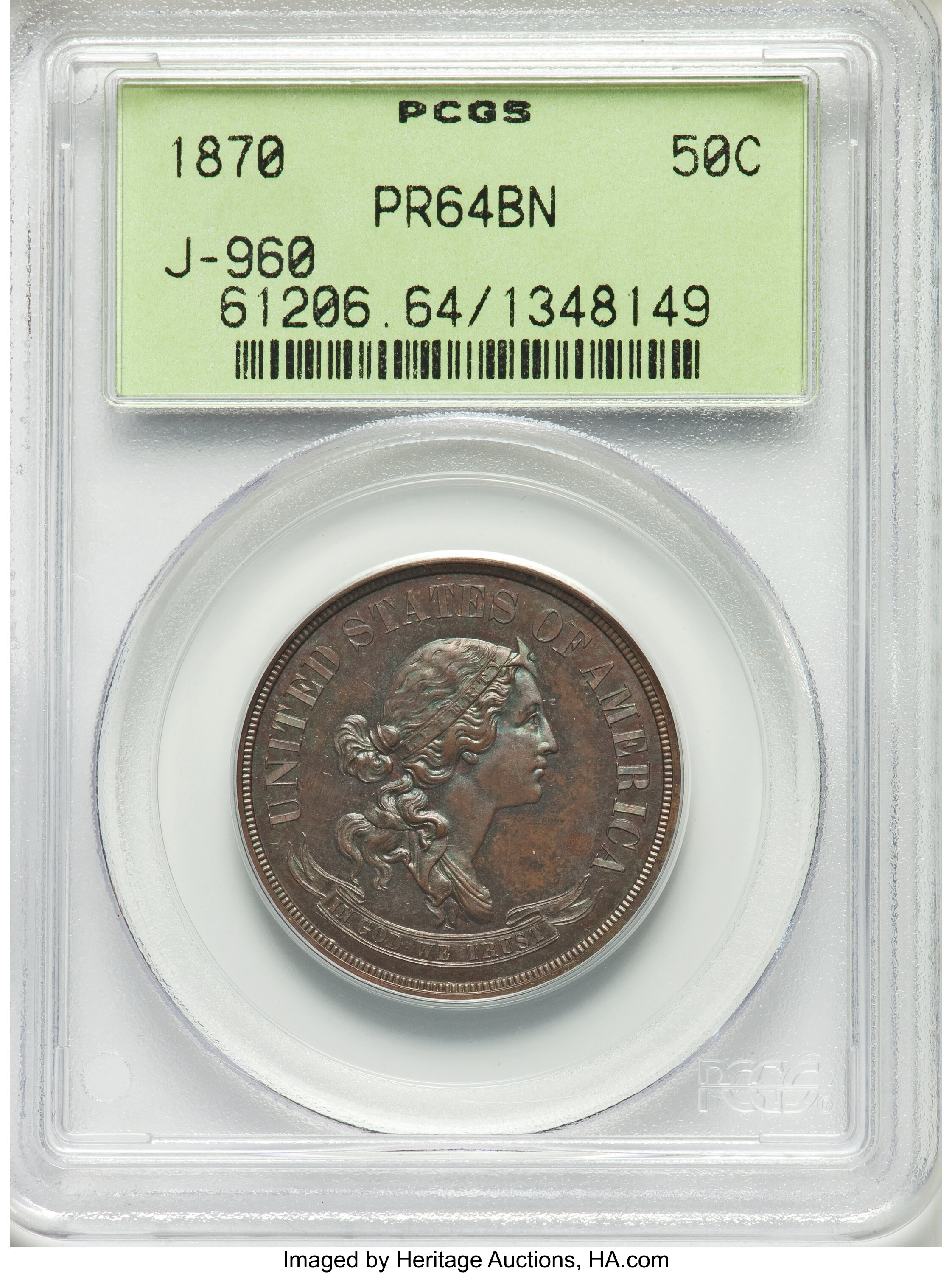 image for: 1870 50C Standard Silver Half Dollar, Judd-960, Pollock-1114, High R.7, PR64 Brown PCGS....