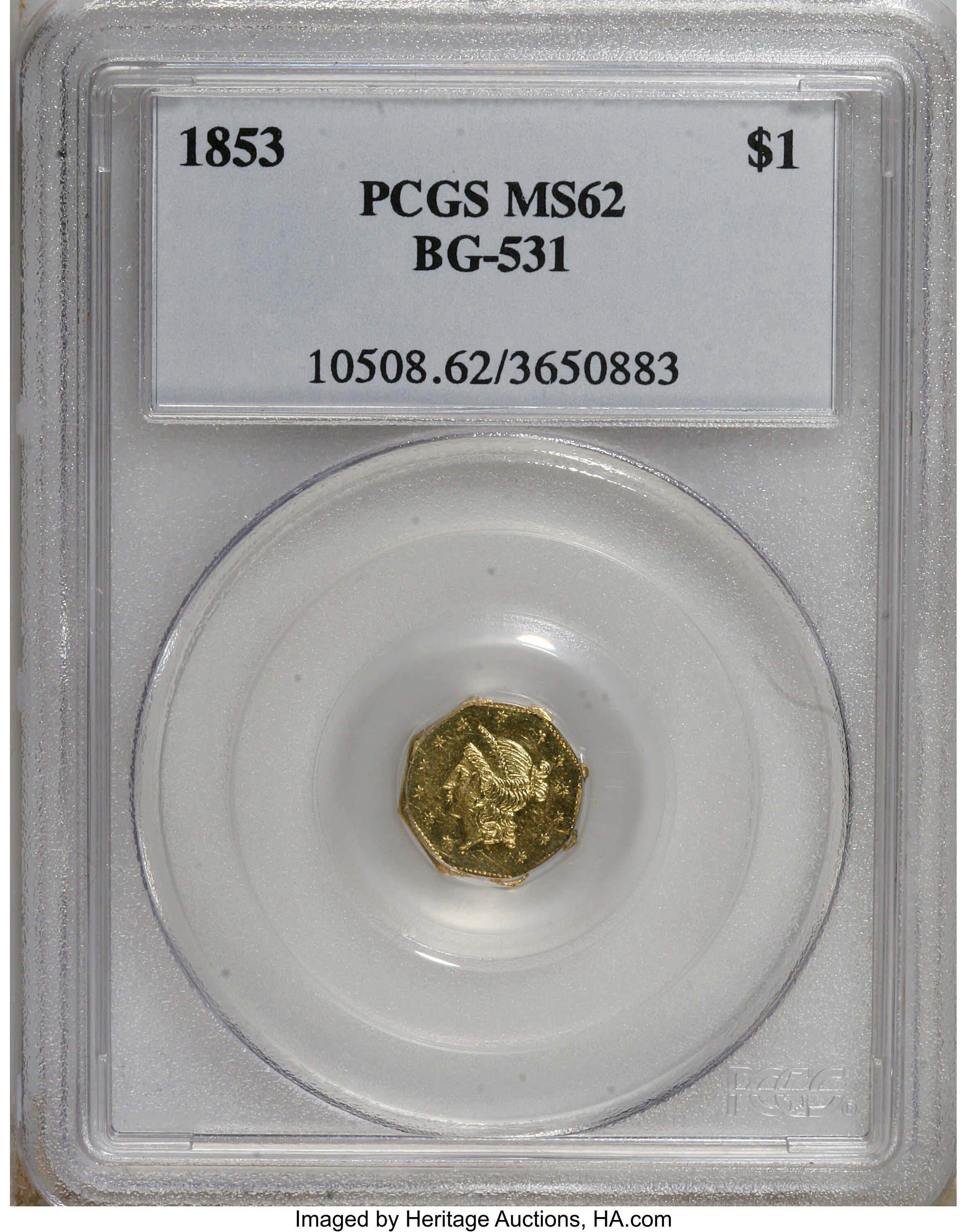 image for: 1853 $1 Liberty Octagonal 1 Dollar, BG-531, R.4, MS62 PCGS. PCGS Population (17/4). NGC Census: (0/0).   (#10508)...