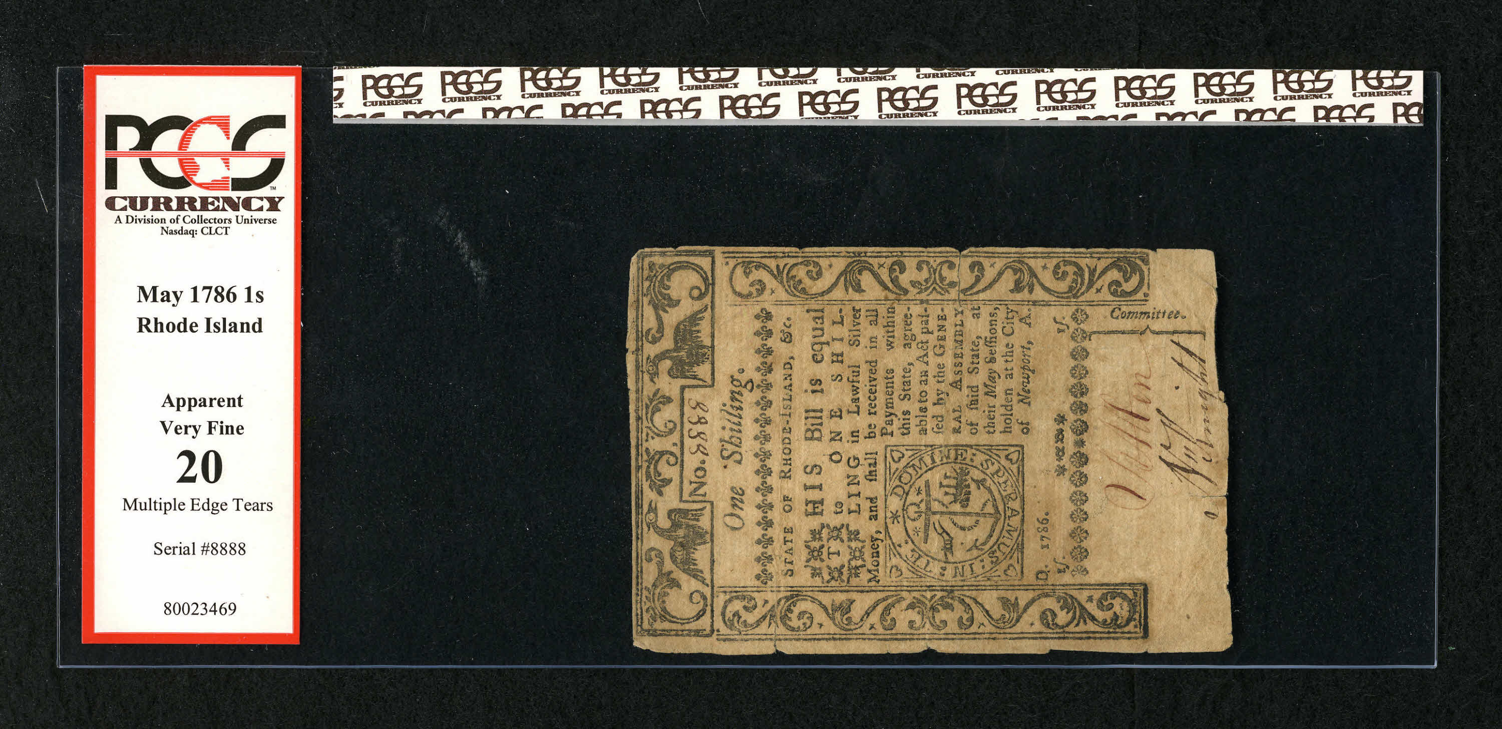 image for: Rhode Island May 1786 1s PCGS Apparent Very Fine 20. An attractive Rhode Island note that has good printing and "Multiple Ed...