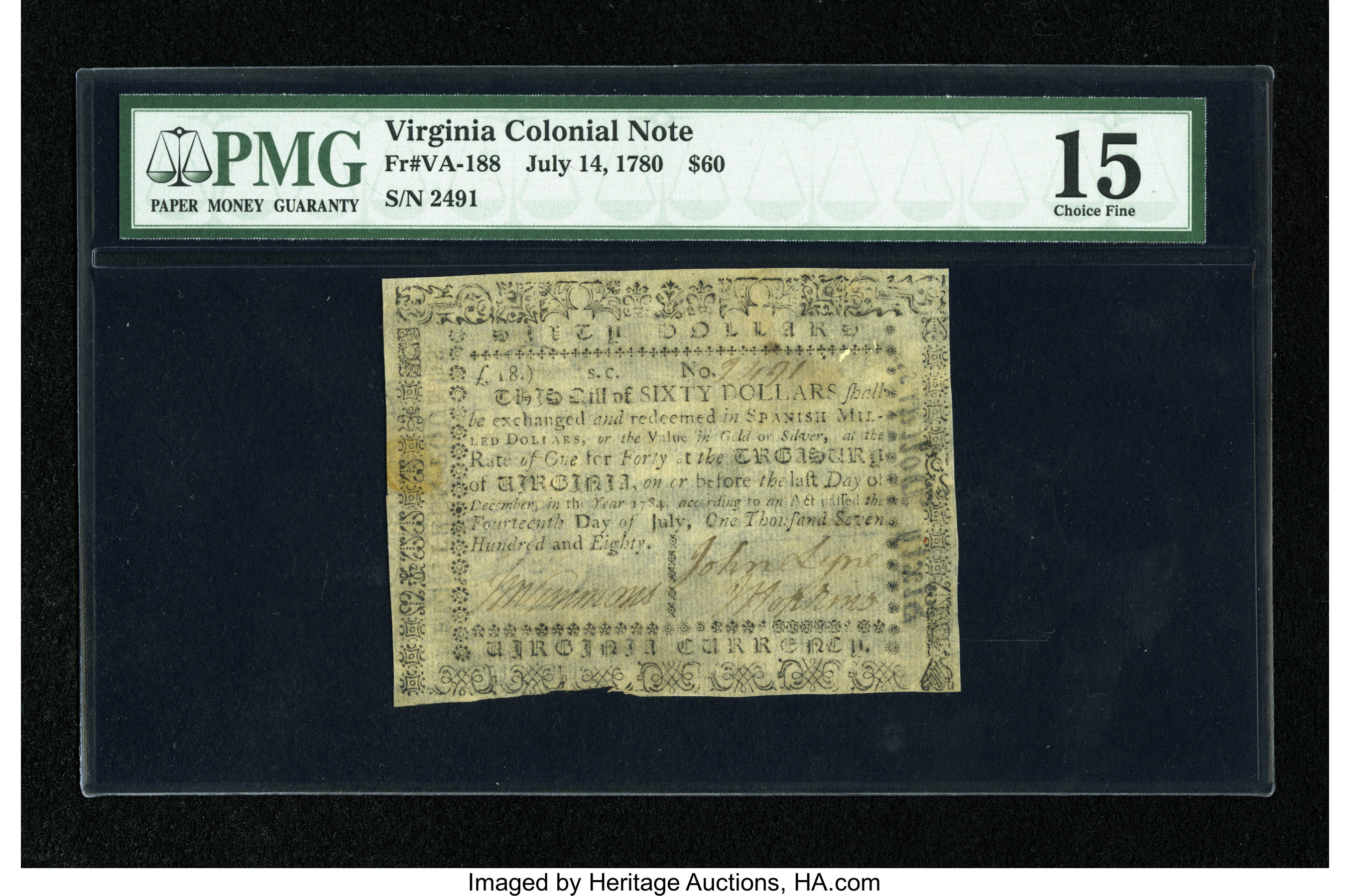 image for: Virginia July 14, 1780 $60 PMG Choice Fine 15....