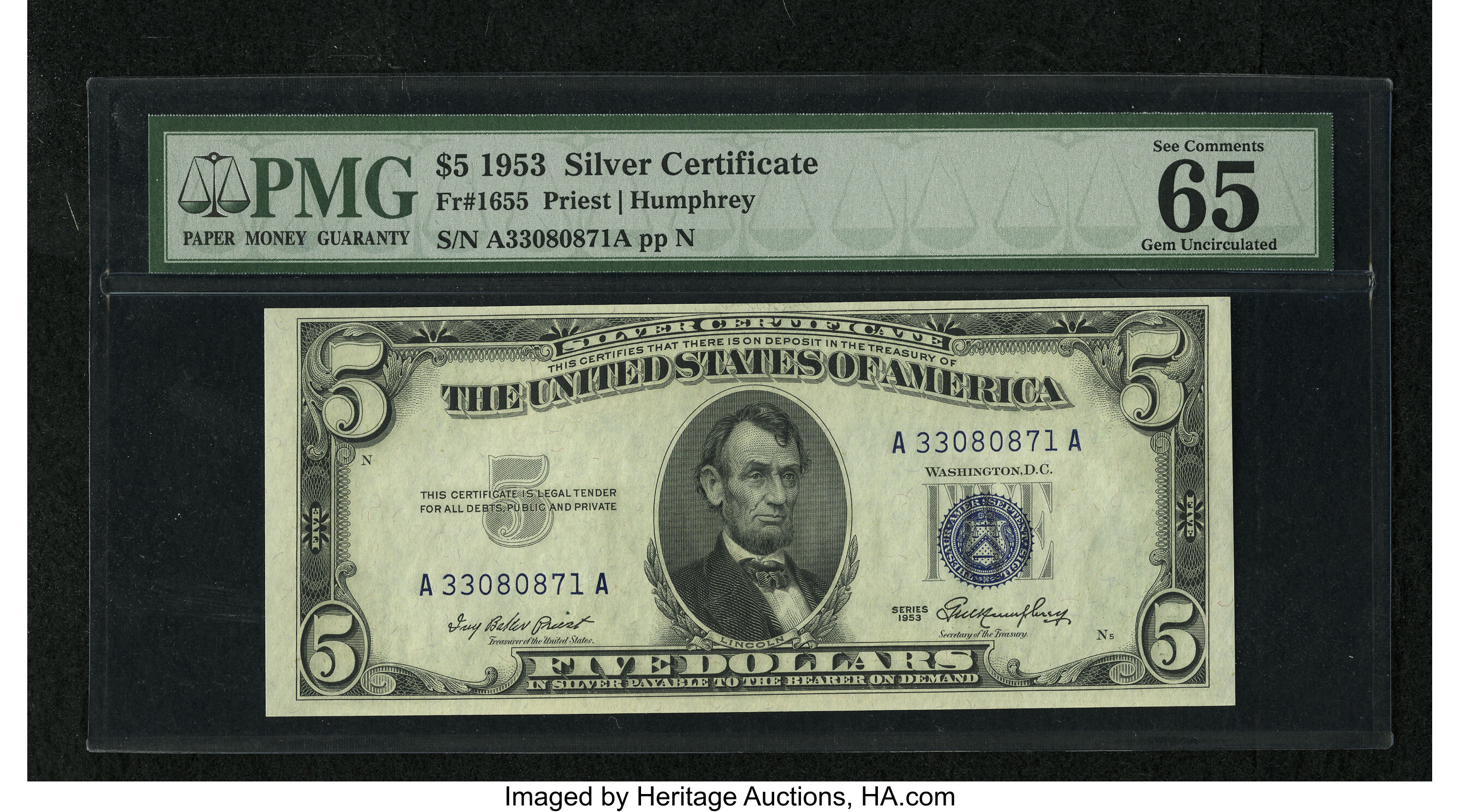 image for: Fr. 1655 $5 1953 Silver Certificate. PMG Gem Uncirculated 65 EPQ....