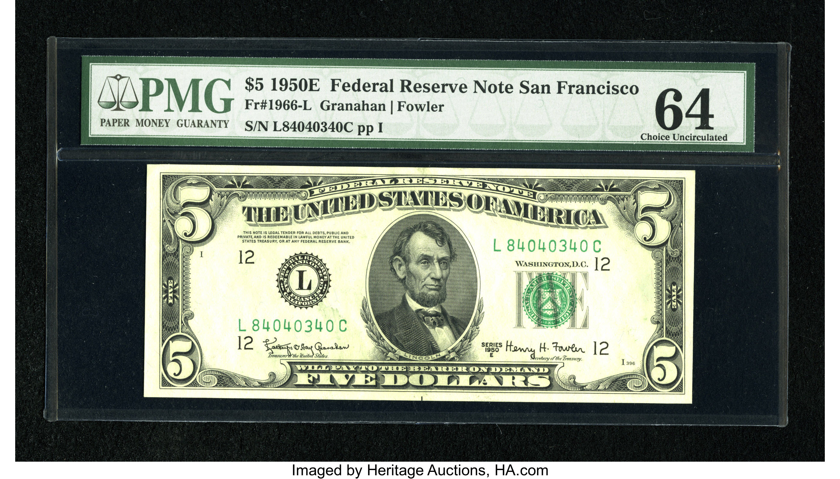 image for: Fr. 1966-L $5 1950E Federal Reserve Note. PMG Choice Uncirculated 64....