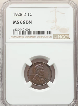 image for: 1928-D 1C MS66 Brown NGC. NGC Census: (5/1). PCGS Population: (2/0). CDN: $500 Whsle. Bid for NGC/PCGS MS66. Mintage 31,170...
