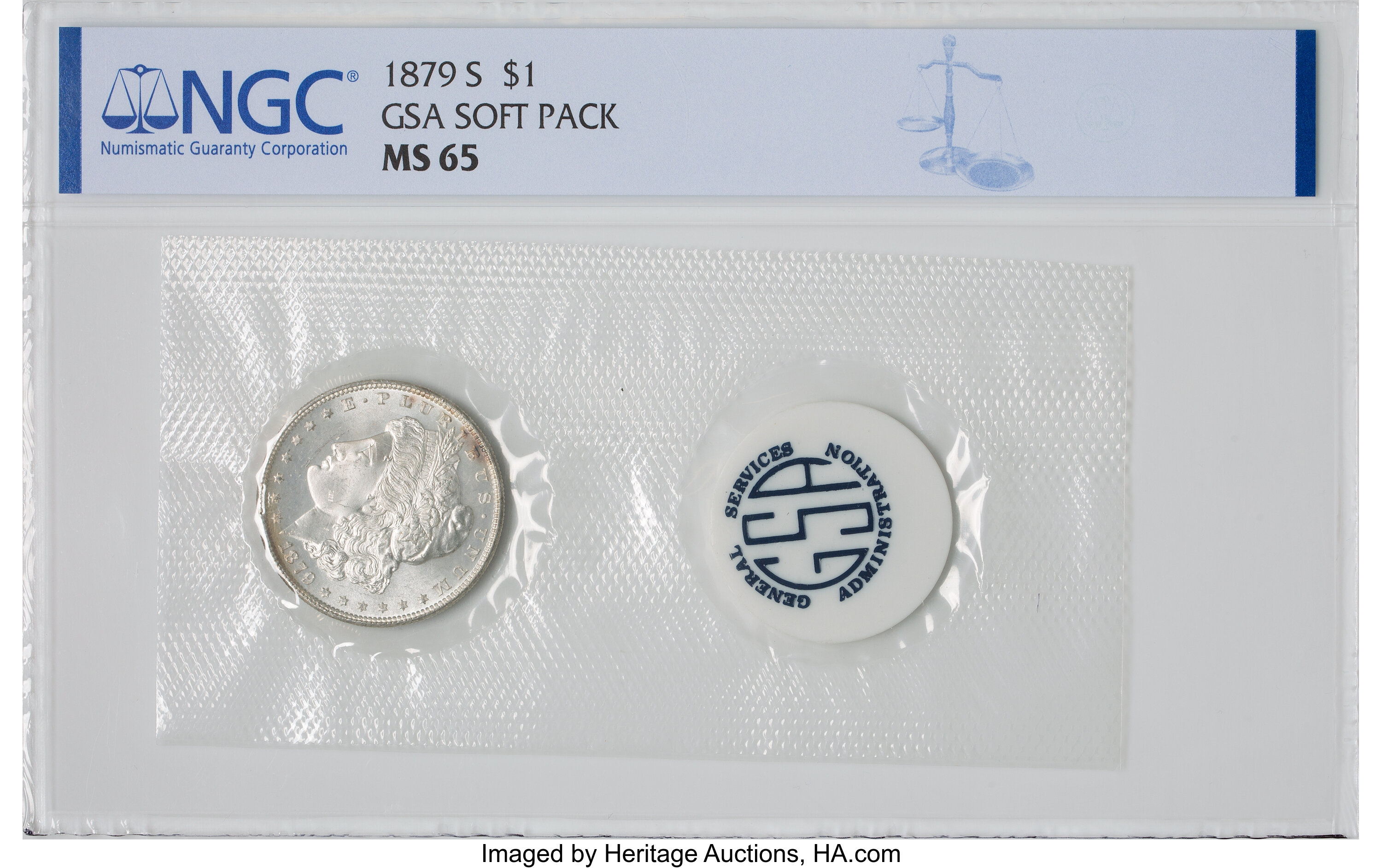 image for: 1879-S $1 GSA Soft Pack MS65 NGC. NGC Census: (91/74). PCGS Population: (4/3). CDN: $400 Whsle. Bid for NGC/PCGS MS65. Mint...