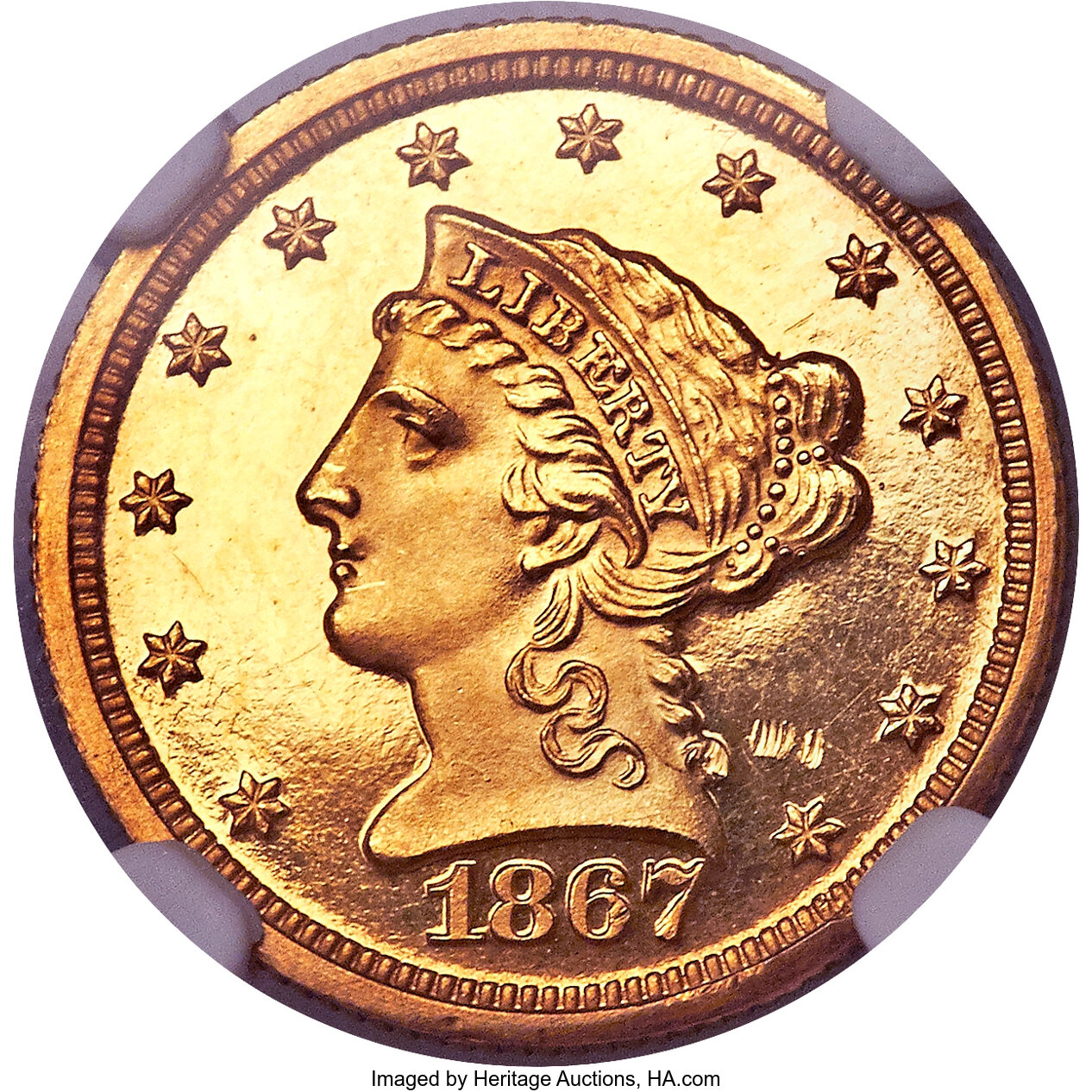 image for: 1867 $2 1/2 PR64 Ultra Cameo NGC. JD-1, High R.6....