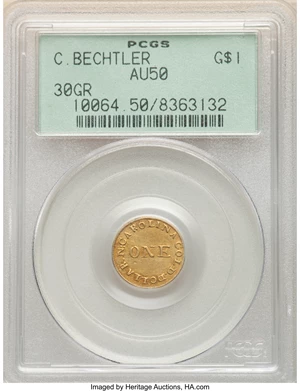 image for: (1831-34) G$1 C. Bechtler Dollar, 30 G., AU50 PCGS. K-1, R.4....