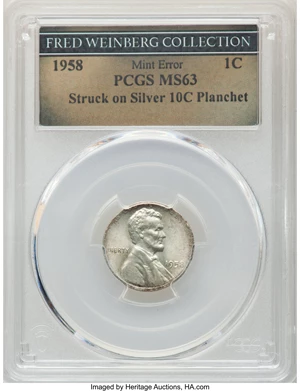 image for: 1958 1C Lincoln Cent -- Struck on a Silver Dime Planchet -- MS63 PCGS....
